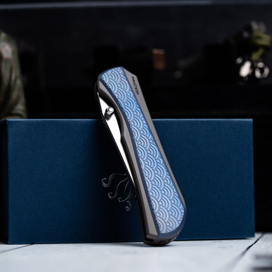 Piratech x URBAN Saga - Satin S90V & Bead Blast Titanium w/ Blue Seigaiha
